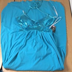 New Masquerade Formal or Prom Halter Shimmery Sequins Dress Turquoise Blue 3/4